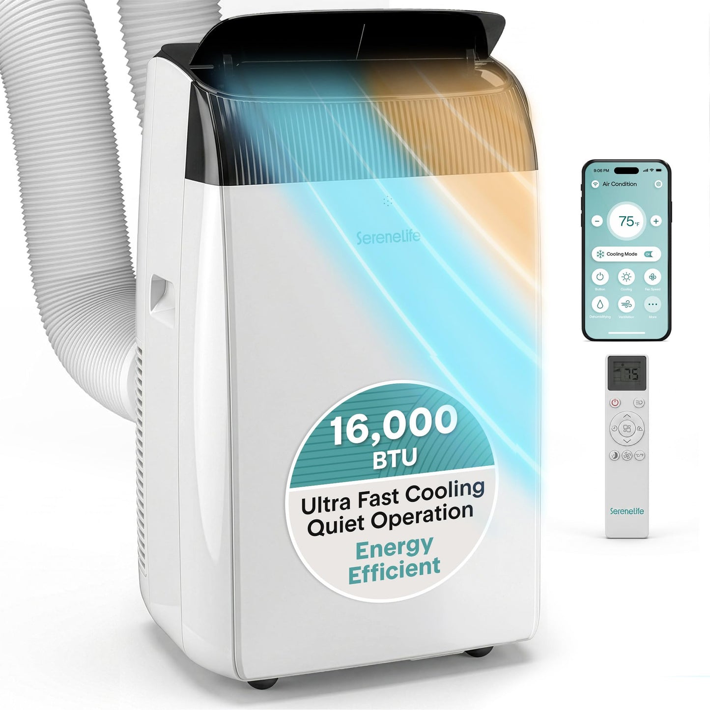 SereneLife 16,000 BTU Inverter Portable Air Conditioner with Dehumidifier, Heat, & Fan | Dual Hose, Wi-Fi Enabled Portable AC Unit | Compact Standing Air Conditioner with Window Kit