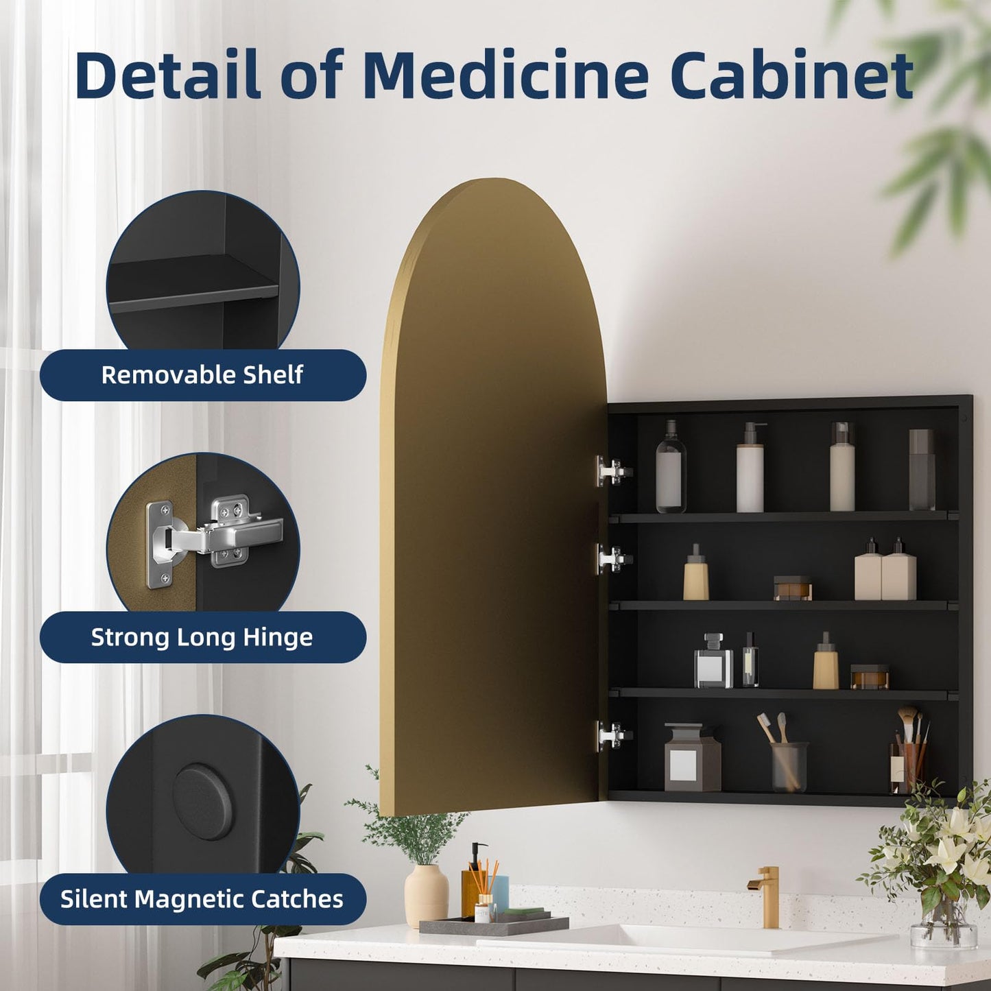 YTSMIR Medicine Cabinets for Bathroom, Gold Arched Medicine Cabinet Recessed or Surface Wall-Mounted,Modern Bathroom Vanity Mirror with Storage, Mirrored Cabinet with Adjustable Shelves,24x36 Inch