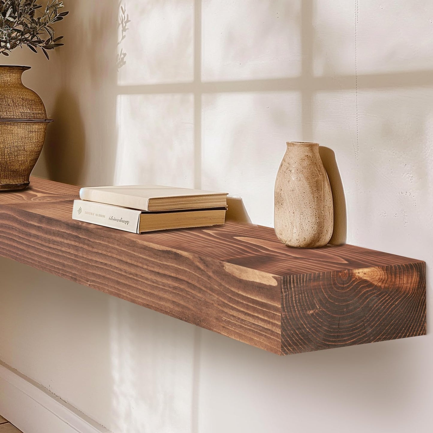 YLYHSST 72" Fireplace Mantel, 3'' Thick Handmade Rustic Solid Wood - Wall Long Floating Shelf with Invisible Metal Bracket, Brown
