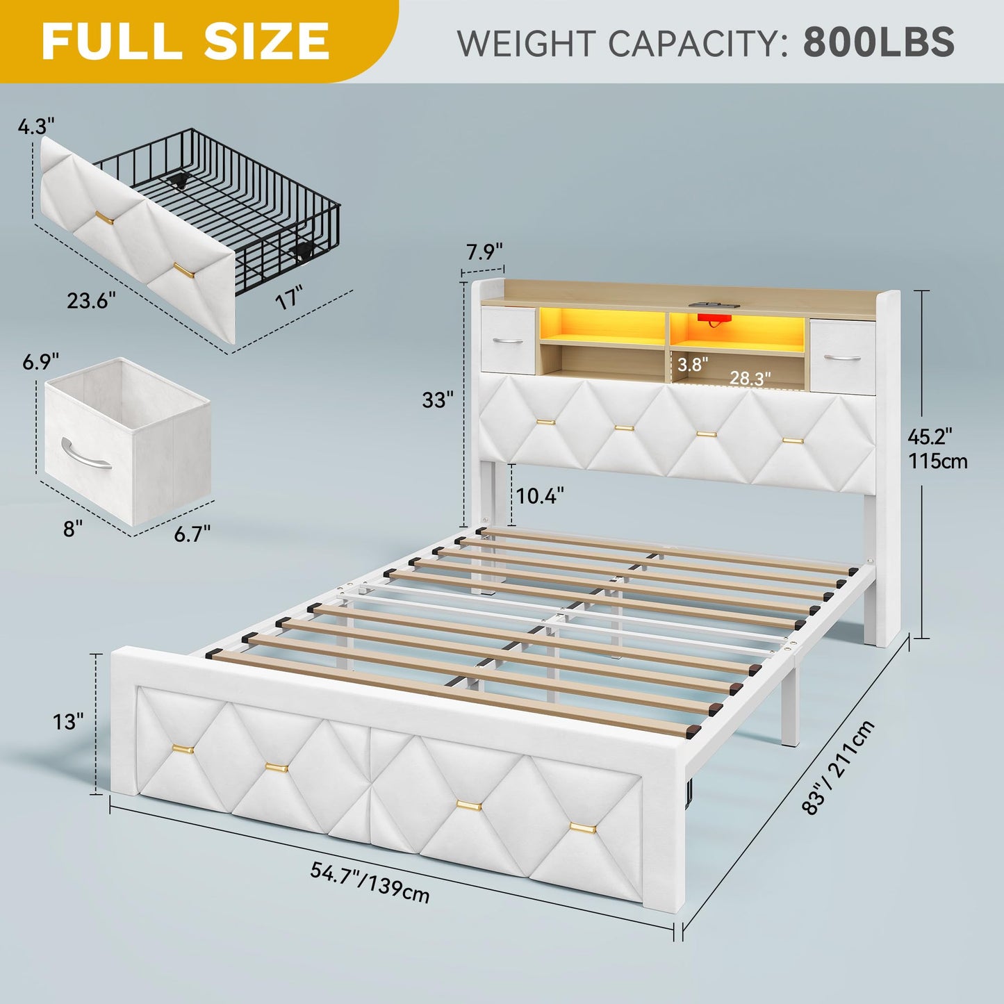 DWVO Full Size Bed Frame with 2 Storage Drawers and Storage Headboard, Upholstered Platform with Charging Station and LED Light, No Box Spring Needed, Noise Free, Easy Assembly, Velvet White