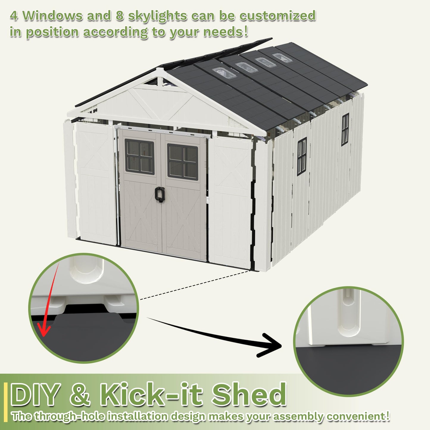 Greesum 10×14FT Plastic Outdoor Storage Shed with Floor and Lockable Door, Resin Sheds with 6-Windows and Multiple Skylights, Organization for Garden, Lawn, Backyard, Beige