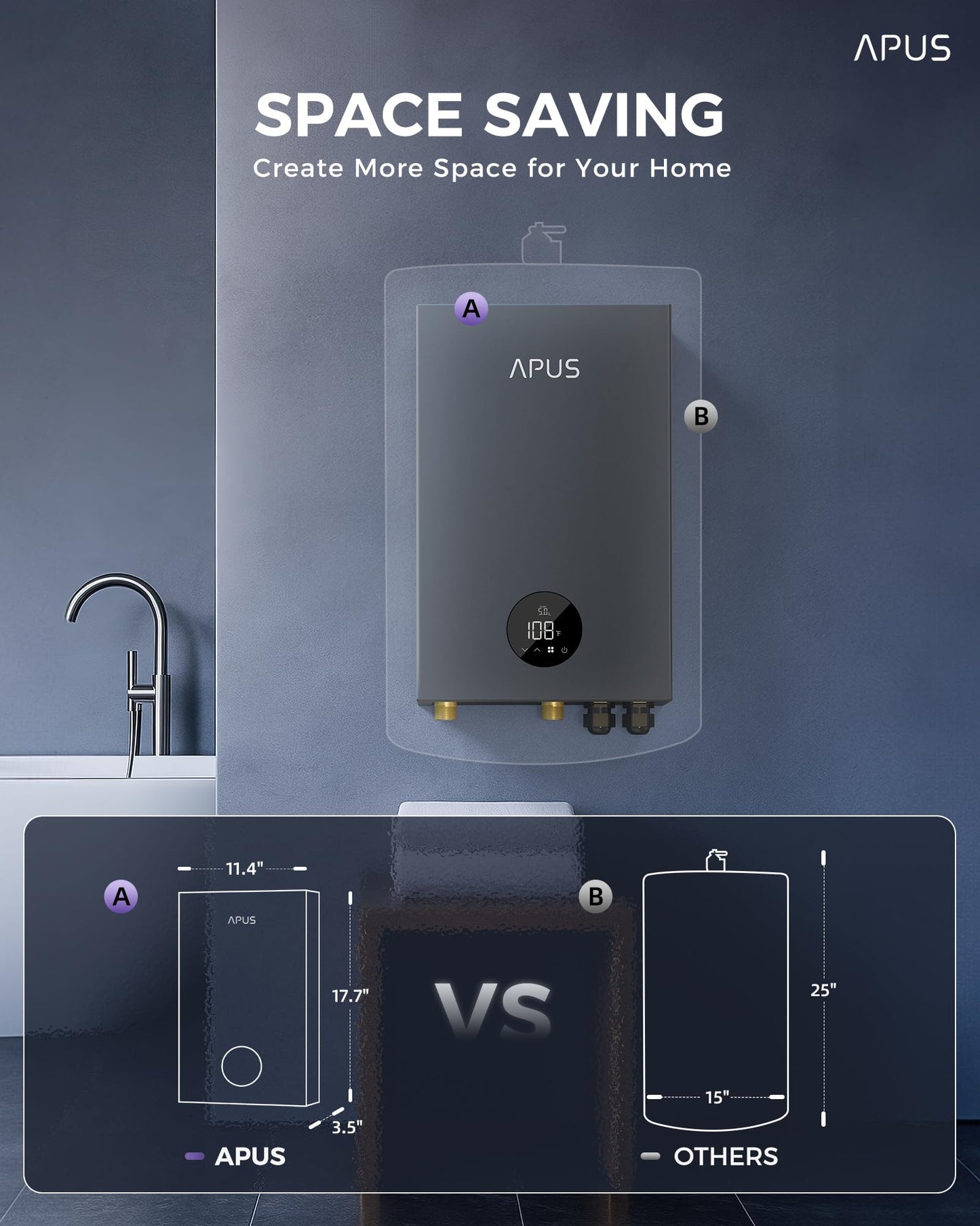18kW Electric Tankless Water Heater, APUS 240V Instant On-Demand Hot Water Heater, Up to 4.4 GPM with LED Display, Energy-Saving Whole House Water Heating System, Space-Saving Design,Gray