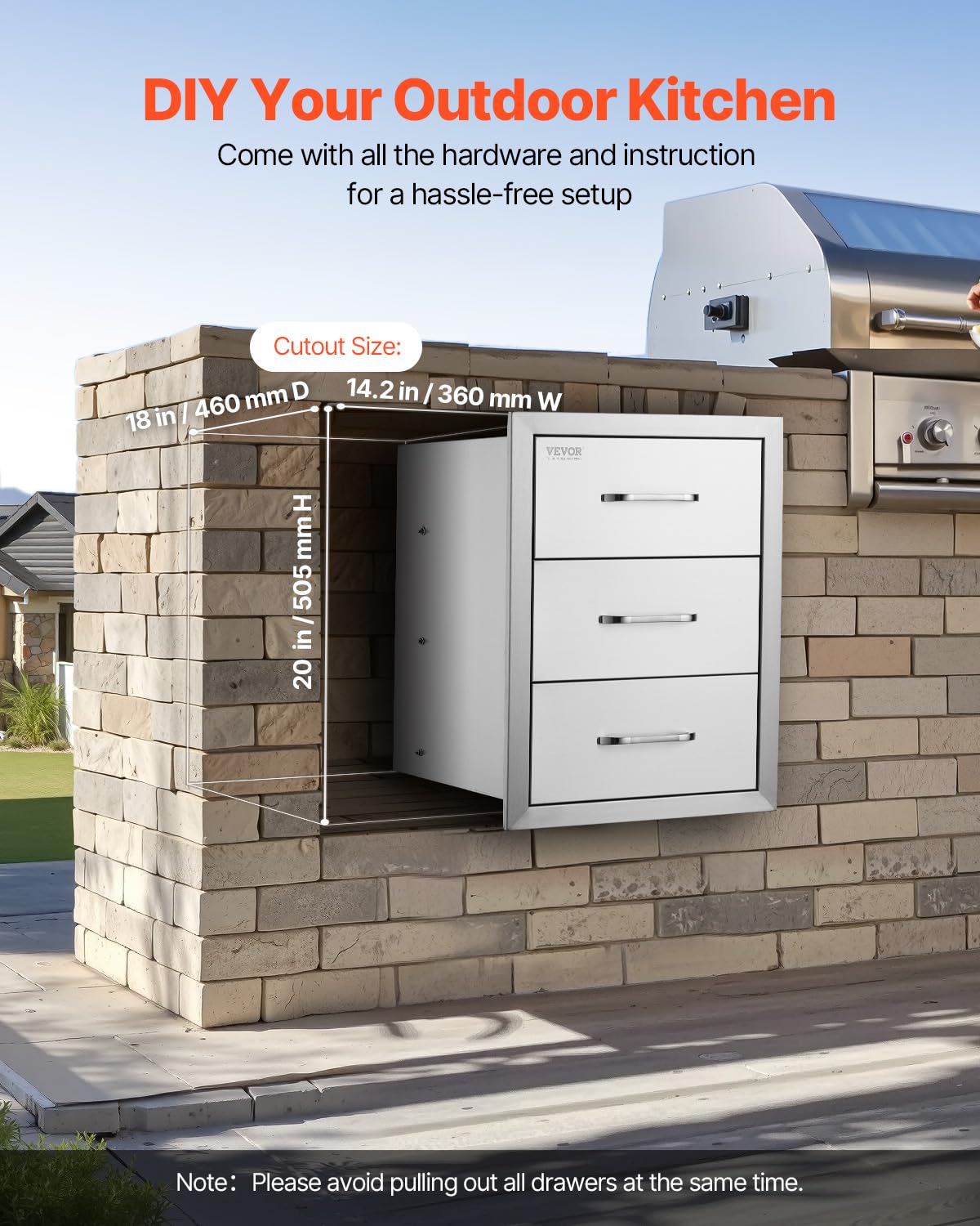 VEVOR Outdoor Kitchen Drawer 16" W x 21.5" H x 18" D, Outdoor Kitchen Cabinets, BBQ Drawer Stainless Steel, Flush Mount Triple Access, with Handle, BBQ Island, Outdoor Grill Patio Grill Station