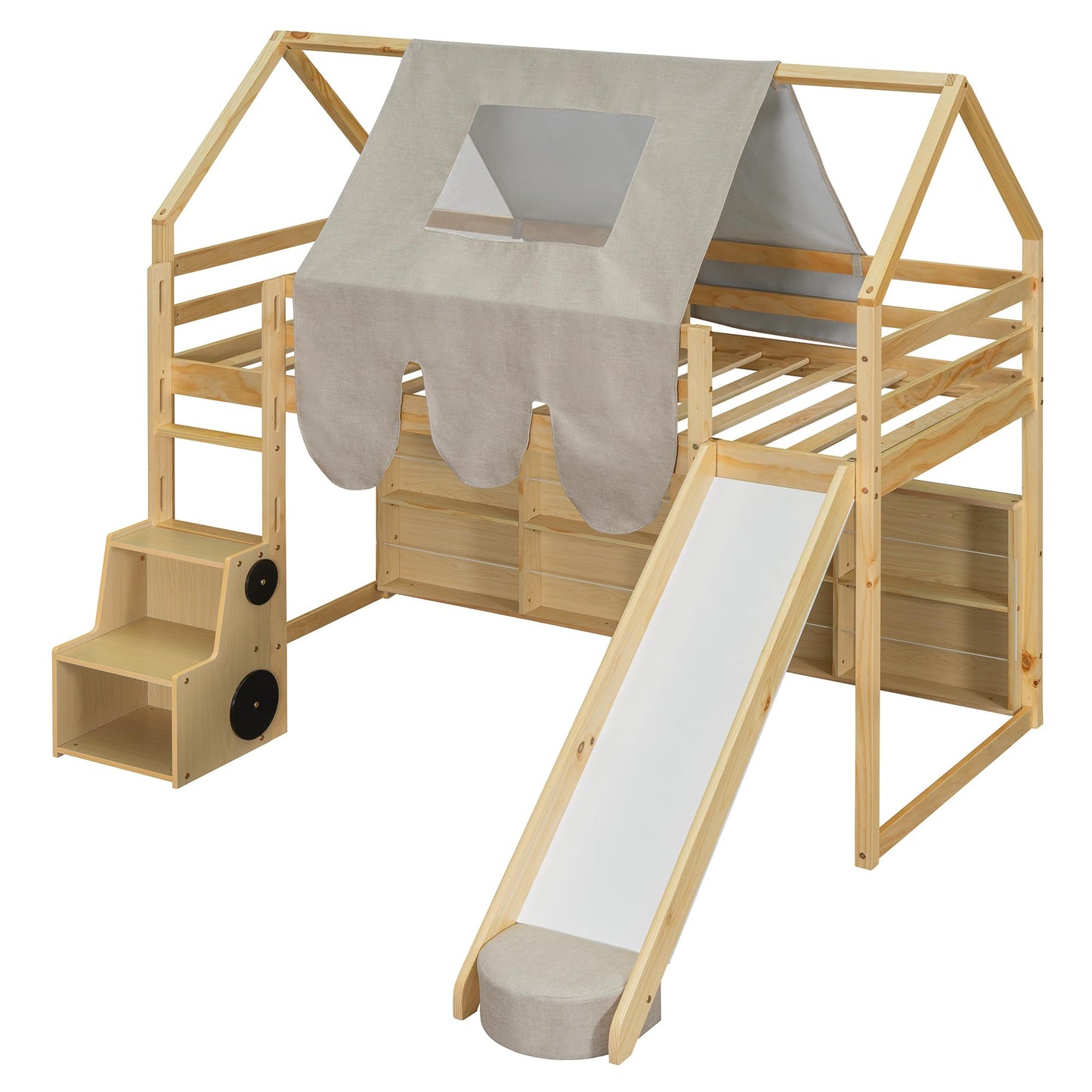 Merax Twin Size Junior Wood Loft Bed with Slide and Storage Shelves, House Loft Bed with Staircase for Girls Boys,Easy Assemble, Natural