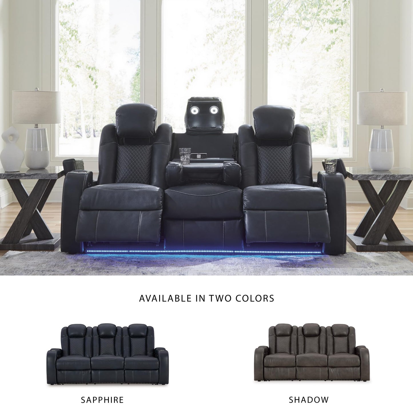 Signature Design by Ashley Fyne-Dyme Power Reclining Sofa with USB Ports and Adjustable Headrest, Drop Down Table, Faux Leather, 21" Seat Height, Blue