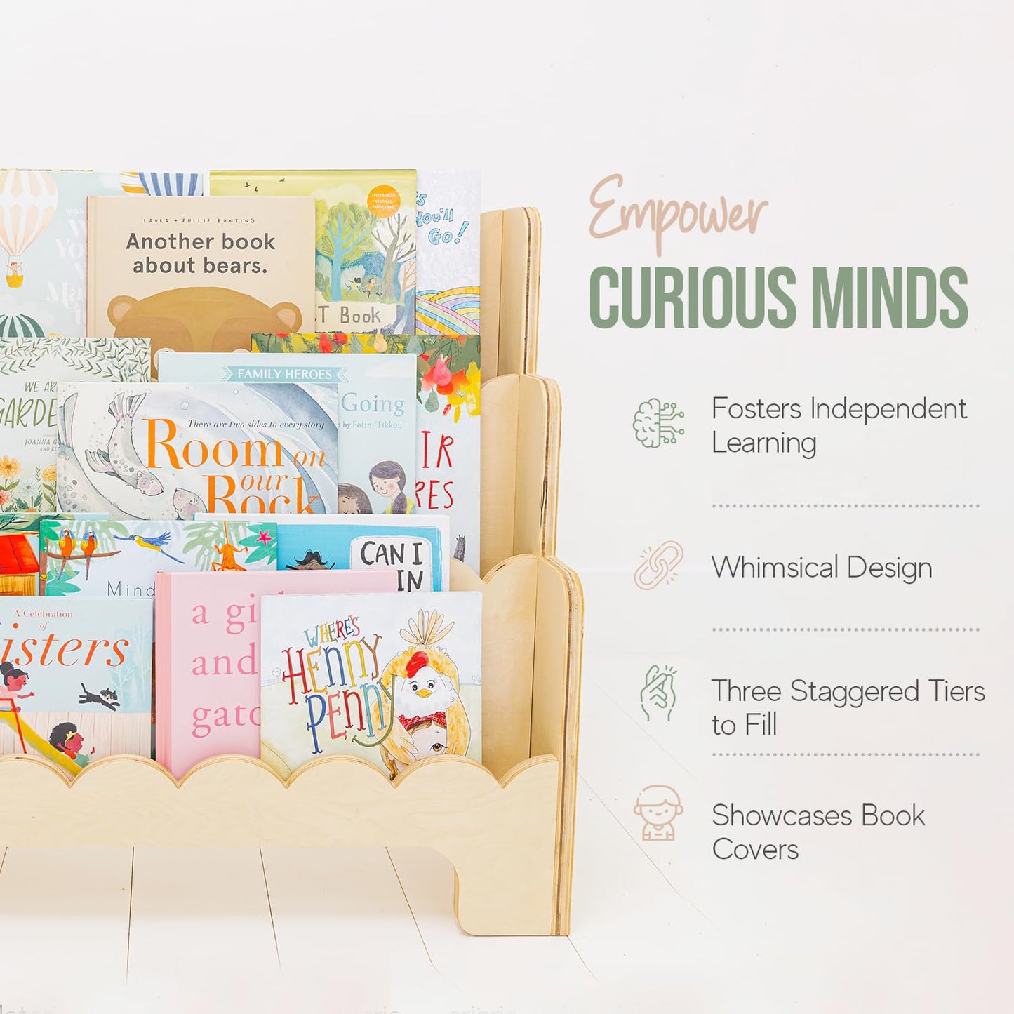 Fable Twig Wooden Kids Bookshelf w/Scalloped Edges- Made in USA- Perfect Height 3-Tier Montessori Shelf- Durable Childrens Bookcase for Kids Room or Playroom- Baby Book Shelf Nursery