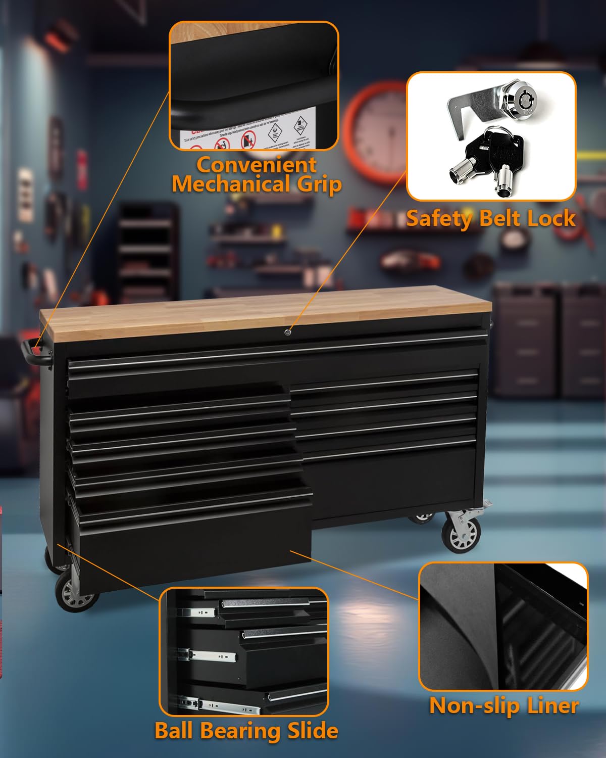 61-Inch Heavy-Duty Rolling Tool Chest with 9 Lockable Drawers, Rubber Wood Tabletop, Steel Storage Cabinet & Workbench for Garage Workshop, Includes Key Lock, Drawer Liners, Wheels in Black
