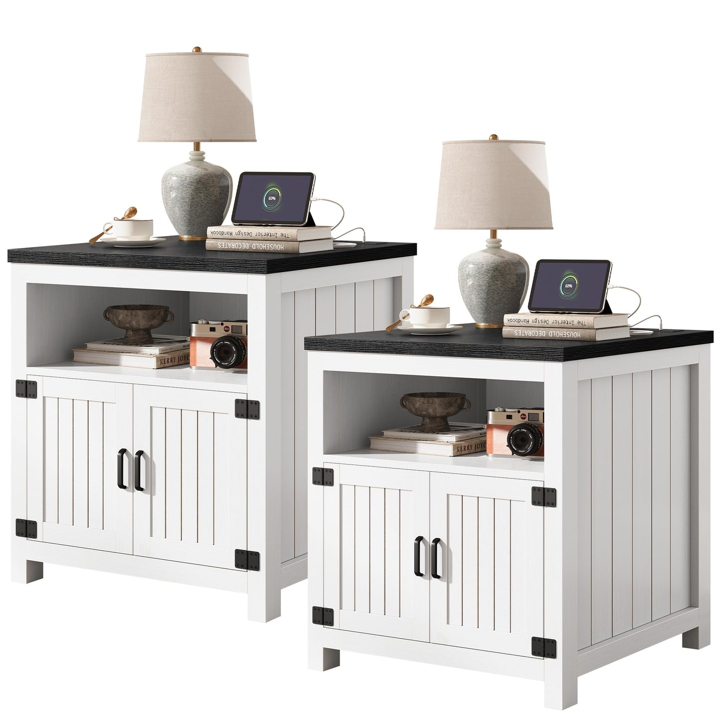 Vividwood Farmhouse End Table Set of 2 with Charging Station, 24" Large Side Table with Open Shelf and Storage Cabinet, Wood Square Bedside Table Nightstand for Living Room, Bedroom (White)