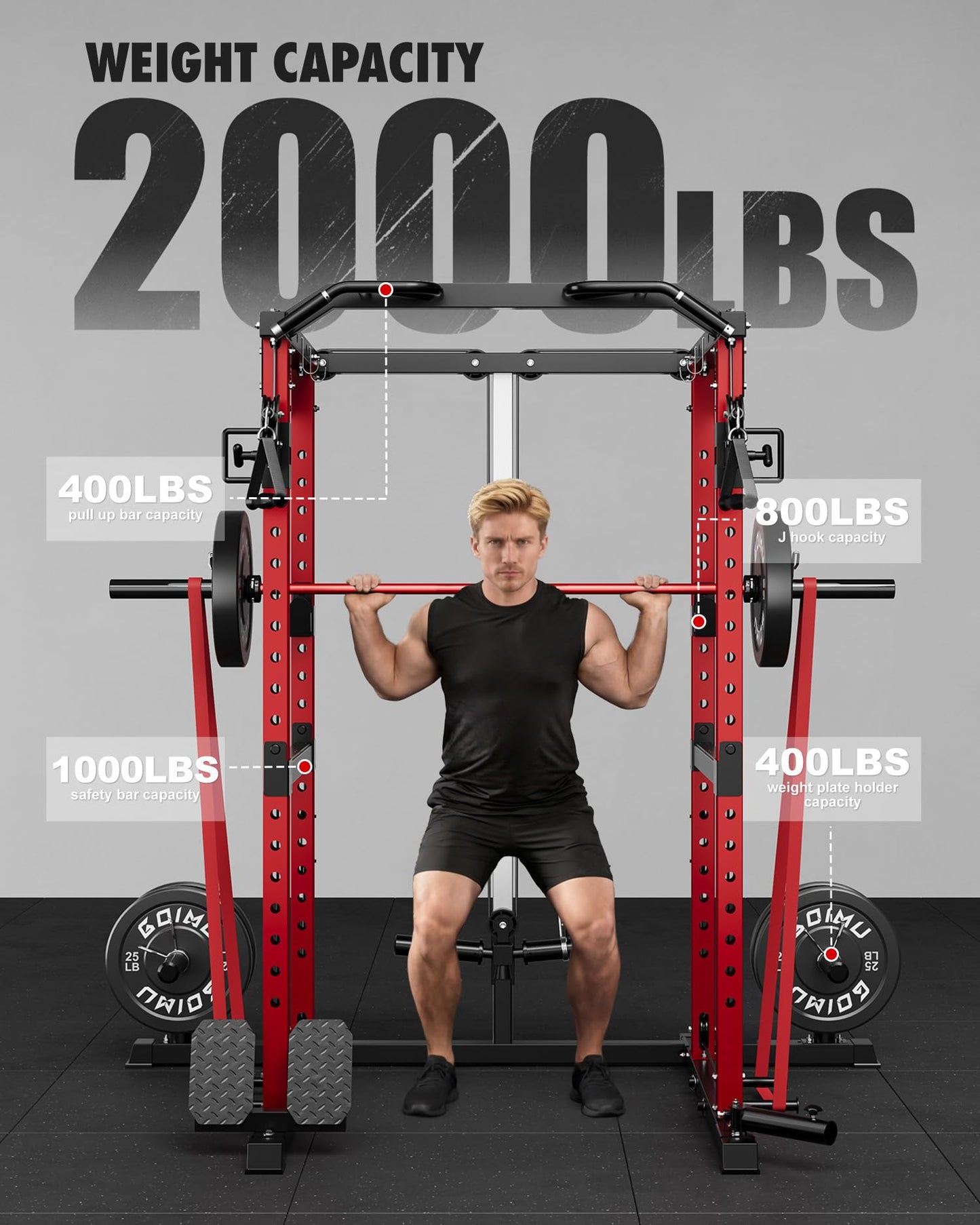 GOIMU RH01 Power Cage Rack, 2000LBS Squat Rack with with Cable Crossover System&LAT Pull Down System, Multi-Function Workout Cage for Home&Garage Gym (Red, RH01 Power Cage)