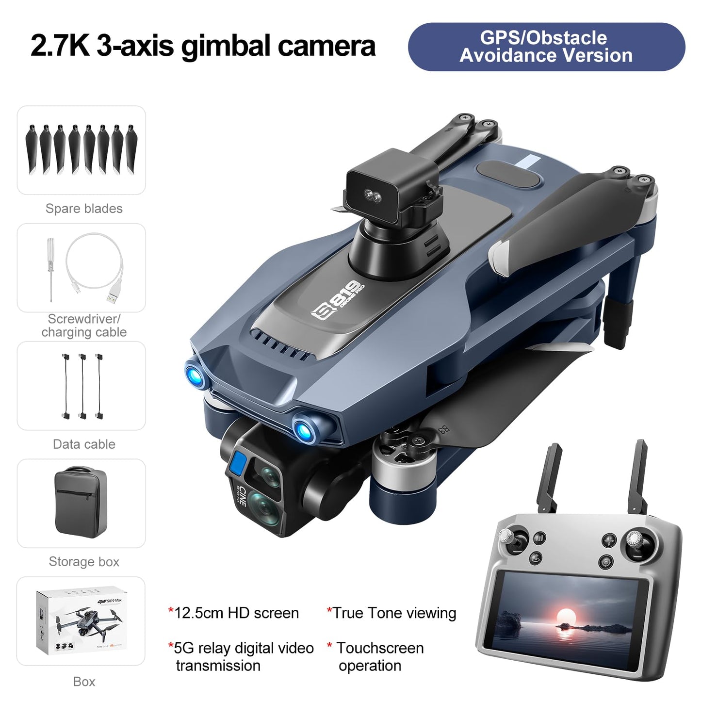 GPS Drone with One Key Airdrop (1 pound), 5G Technology, Brushless Motor, 360° Laser Obstacle Avoidance, 5 Inch Touch - Screen Display Remote Controller, 2.7K Real Pixels, 3 Axis Gimbal Camera, Auto Return (Go Home), One Key Follow (Follow me), Speed Adju