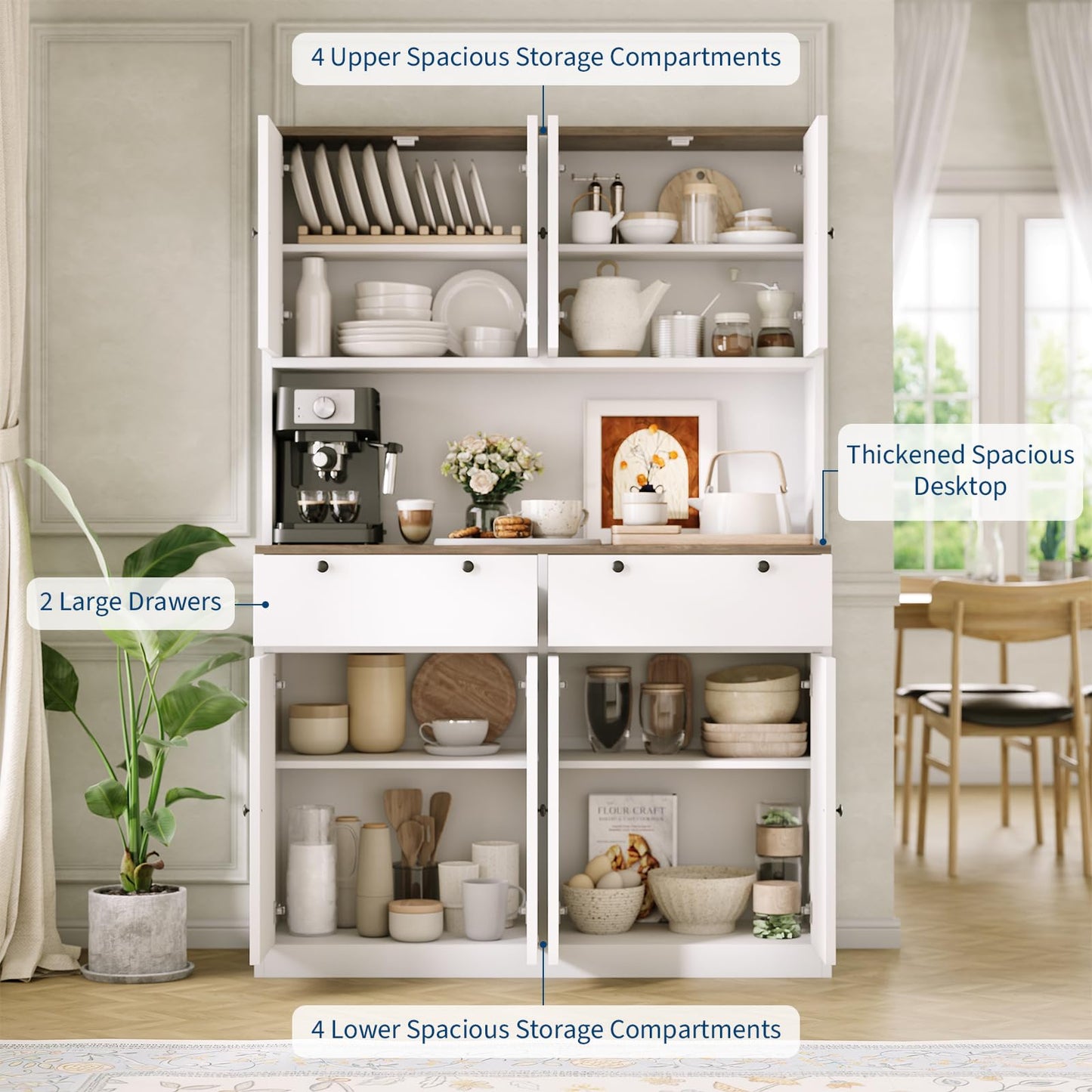 Garvee 71" Tall Kitchen Pantry Storage Cabinet with Charging Station, Food Hutch with Drawers, Doors, Shelves, and Countertop for Dining Room