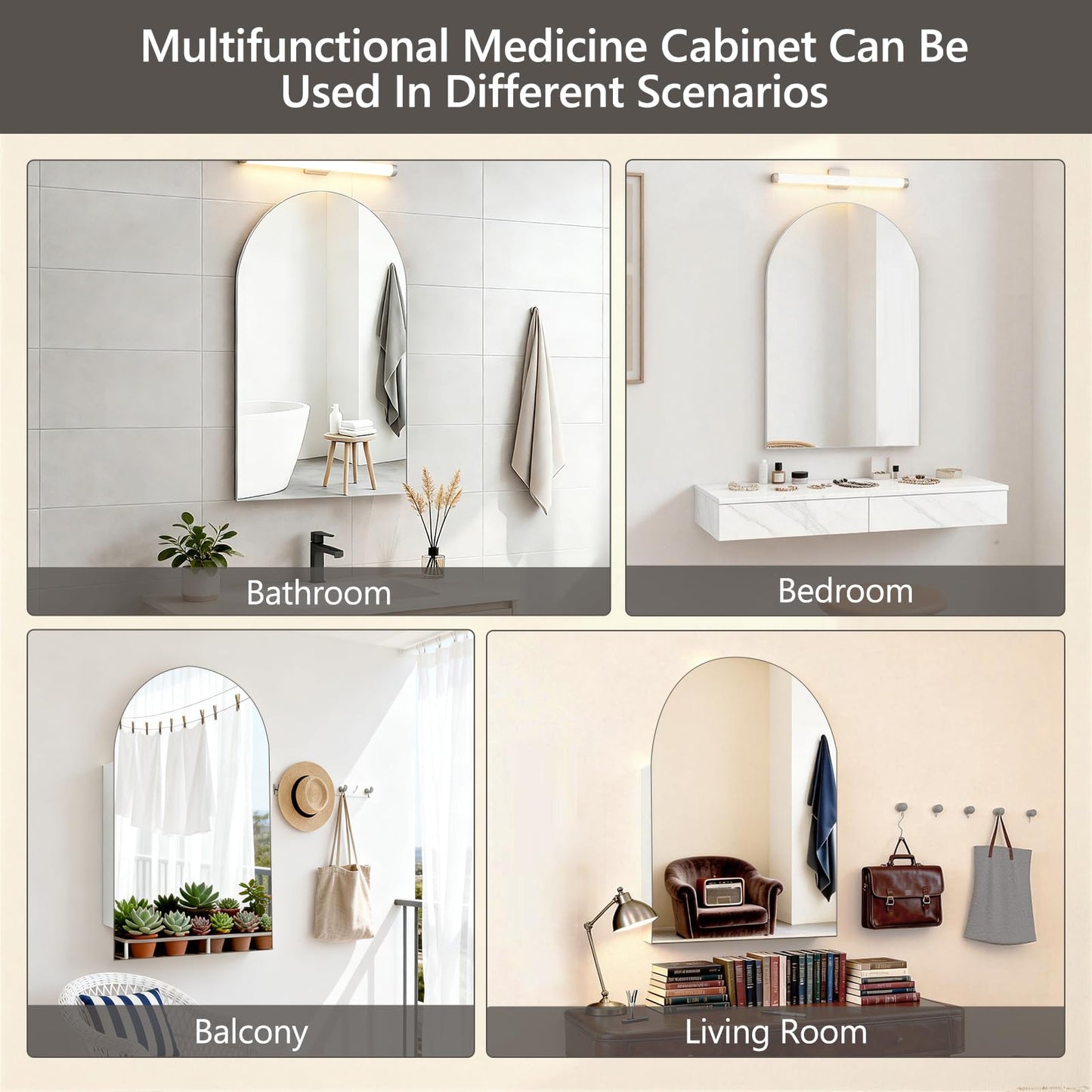 HESONTH Arched Medicine Cabinet with Mirror, 20x30 Inch, Wall Cabinet with Frameless Mirror, Recessed Or Surface Mount for Bathroom Bedroom with Storage, Bathroom Medicine Cabinet