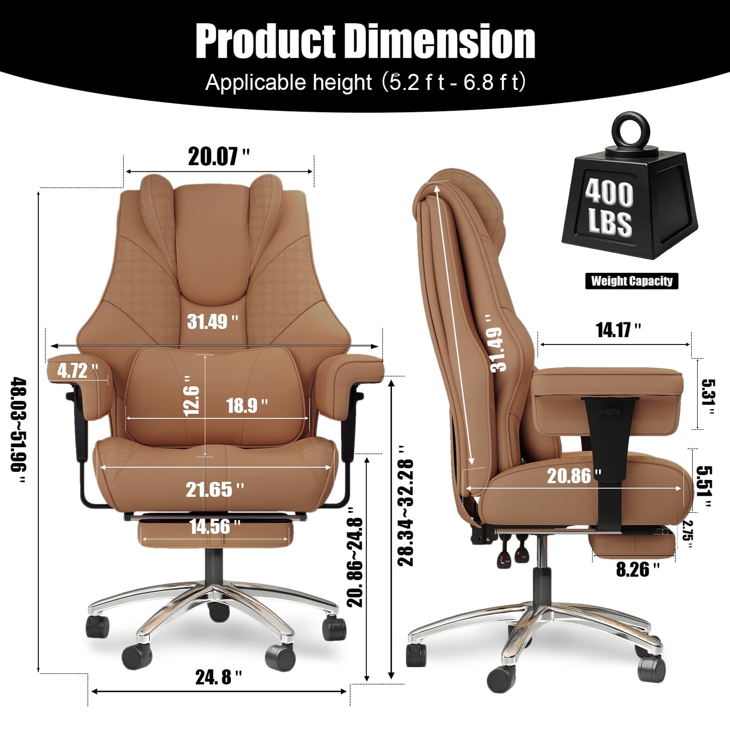 400lbs Big and Tall Office Chair, Wide Ergonomic Leather Executive Chair for Heavy People with Foot Rest, High-Back Reclining Computer Chair with Swivel Wheels and Lumbar Support (Brown)
