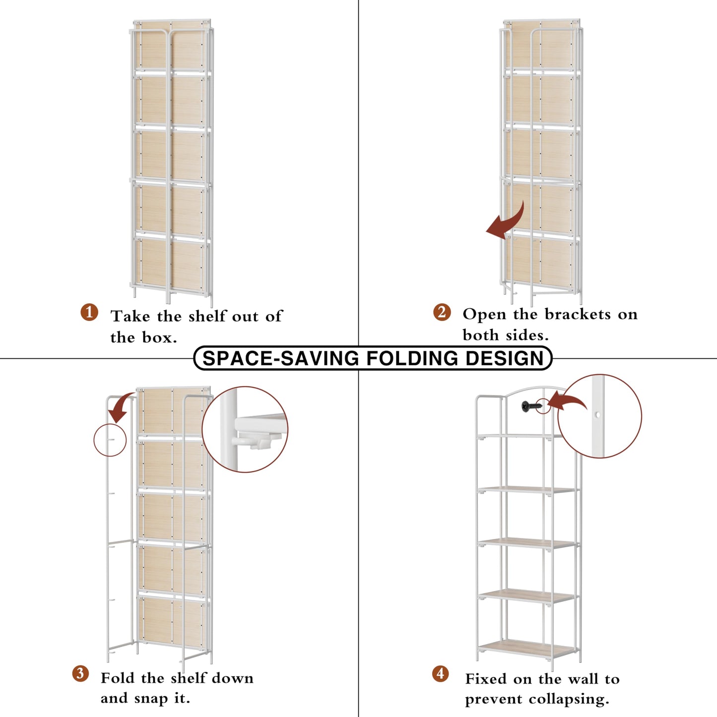 Crofy 5-Tier Foldable Bookshelf, White Frame & White Oak Shelves