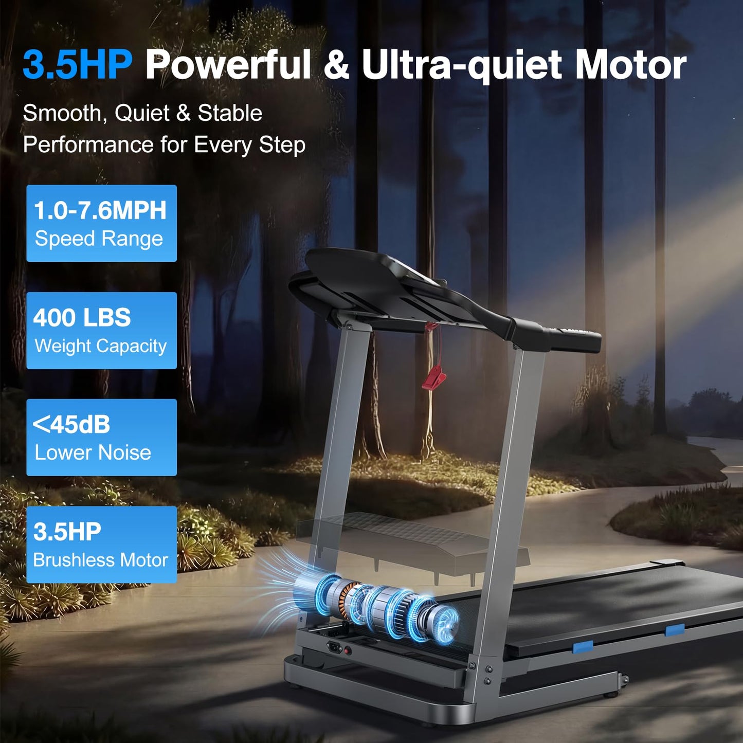 COZYINN Folding Treadmill with Incline, 3.5HP Quiet Treadmills for Home 400 lb Capacity, Running Machine with Pulse Sensor and Bluetooth Speaker, 7.6 MPH, App, Wide Belt, Space-Saving Design