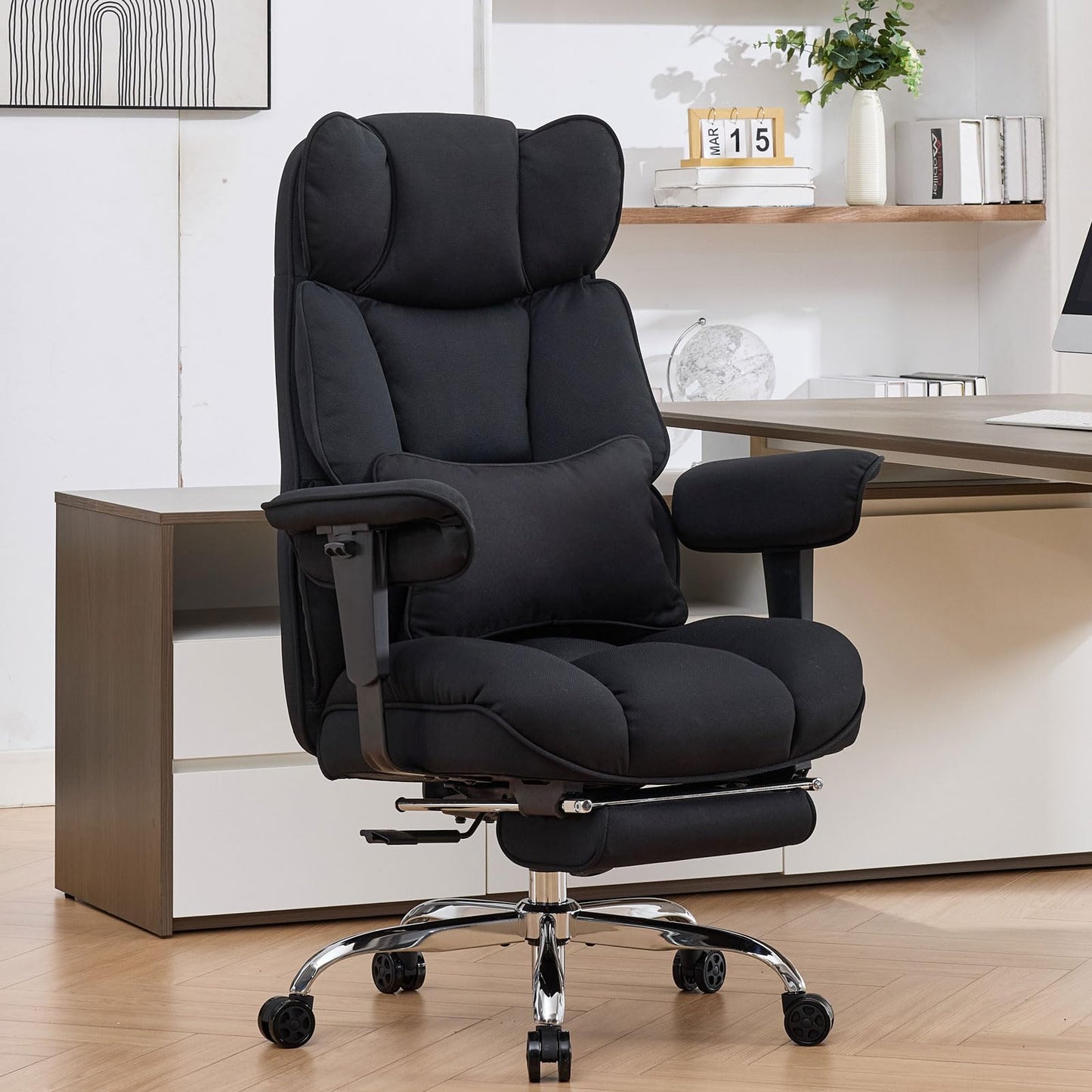 Efomao Big and Tall Office Chair with Footrest - 400lbs Heavy Duty Pocket Spring Desk Chair, 7" Thick Cushion Breathable Fabric Executive Office Chair, Ergonomic Reclining Workstation, Black