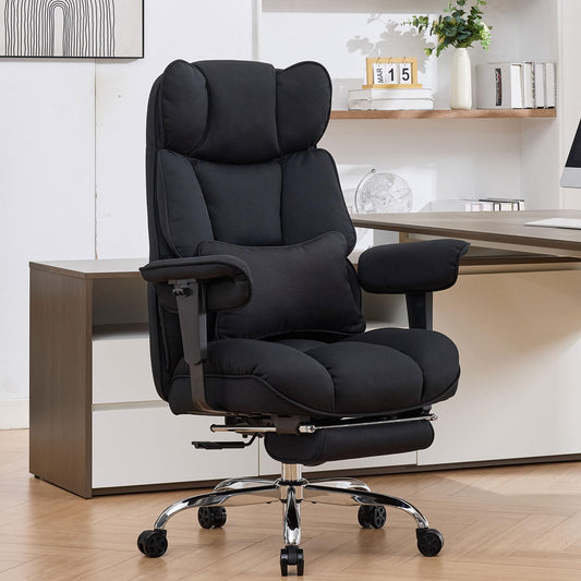 Efomao Big and Tall Office Chair with Footrest - 400lbs Heavy Duty Pocket Spring Desk Chair, 7" Thick Cushion Breathable Fabric Executive Office Chair, Ergonomic Reclining Workstation, Black