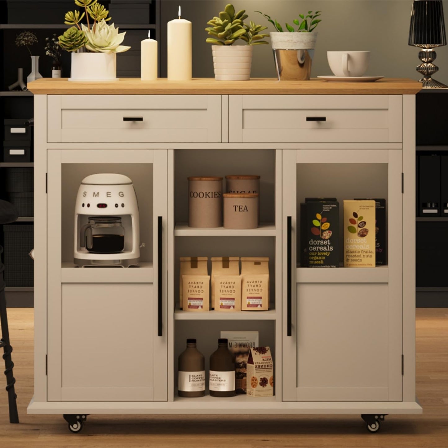 GarveeHome 41 in Rustic Kitchen Island on Wheels - Wood Drop-Leaf Table with 3-Tier Storage, Mobile Coffee Bar Cart for Small Spaces (White & Natural)