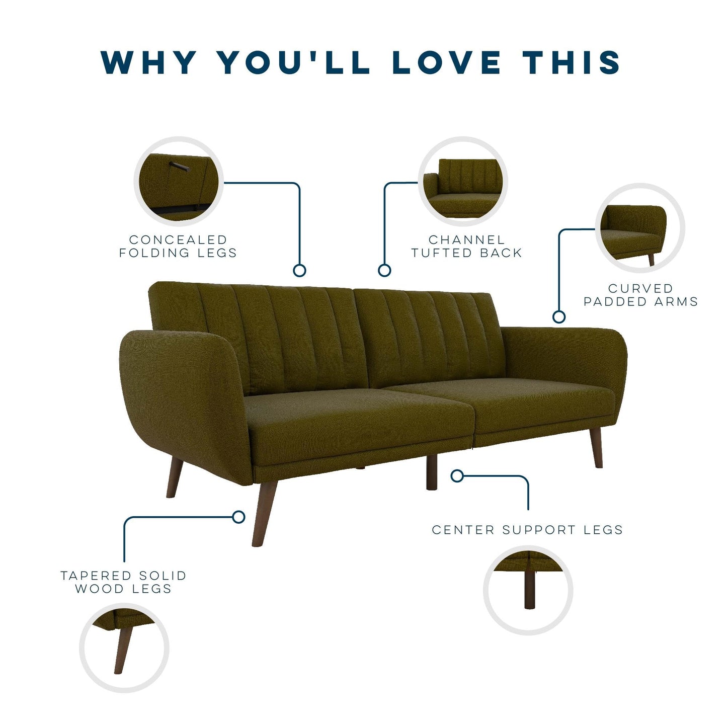 Novogratz Brittany 82 Inch Futon Sofa Bed in Faux Leather, Upholstered Couch Sleeper with Tufted Back, Mid-Century Modern Design, Green