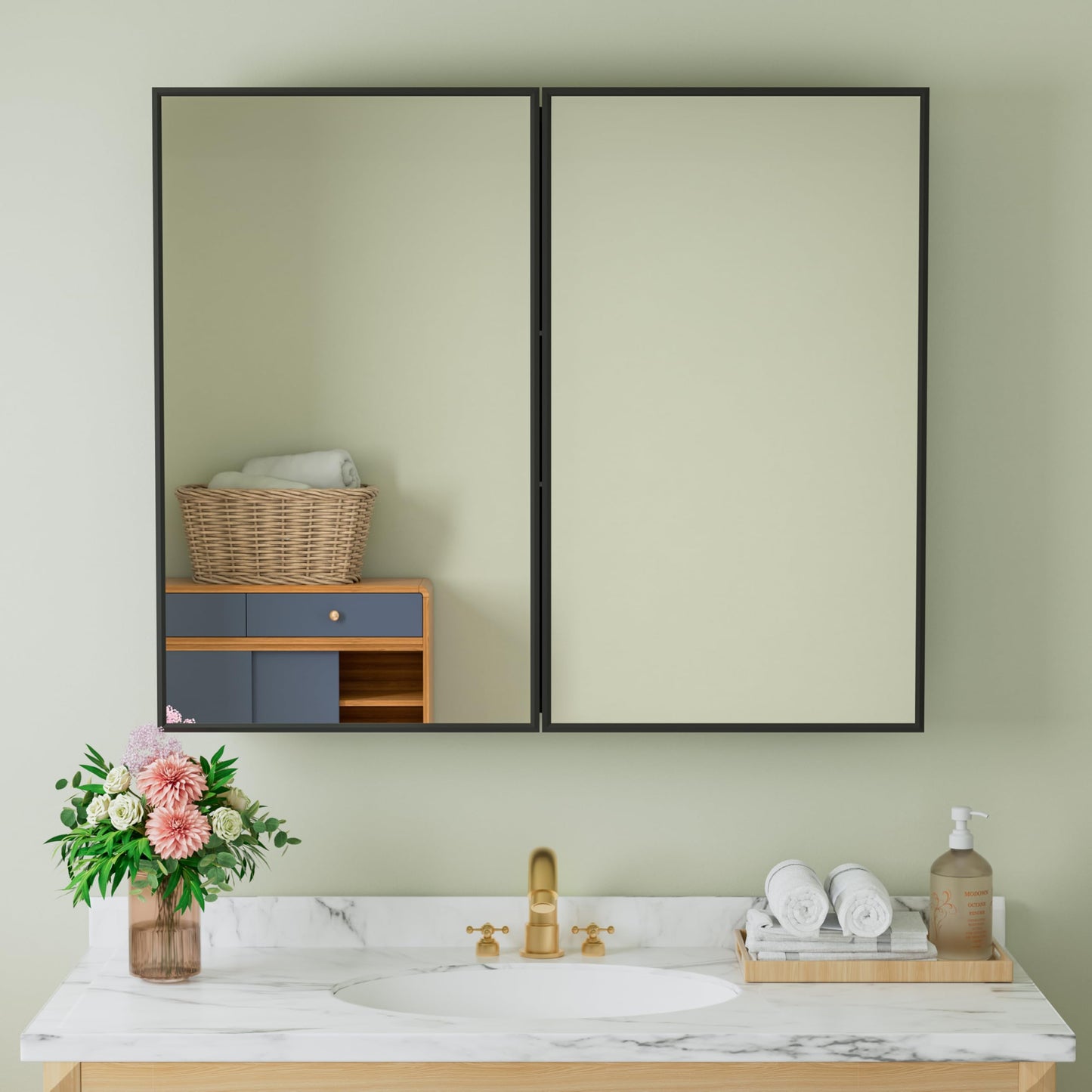 Buruis 36" x 30" Framed Medicine Cabinet with Mirror, Recessed or Wall Mounted Bathroom Cabinet, Adjustable Tempered Glass Shelves, Left/Right Open Reversible, No Assembly Required, Black