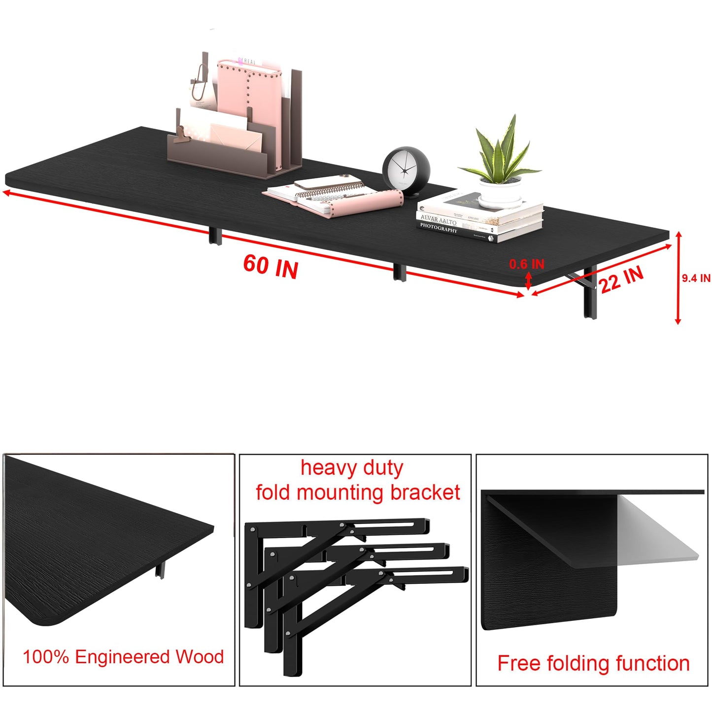 IAE 60" x 22" Floating Foldable Desk,Wall-Mounted Folding Computer Table with Engineered Wood,Study Table with Shelf Brackets,Fold Down Shelf,Fold Computer Desk for Small Apartment,Holds 500 lb,Black