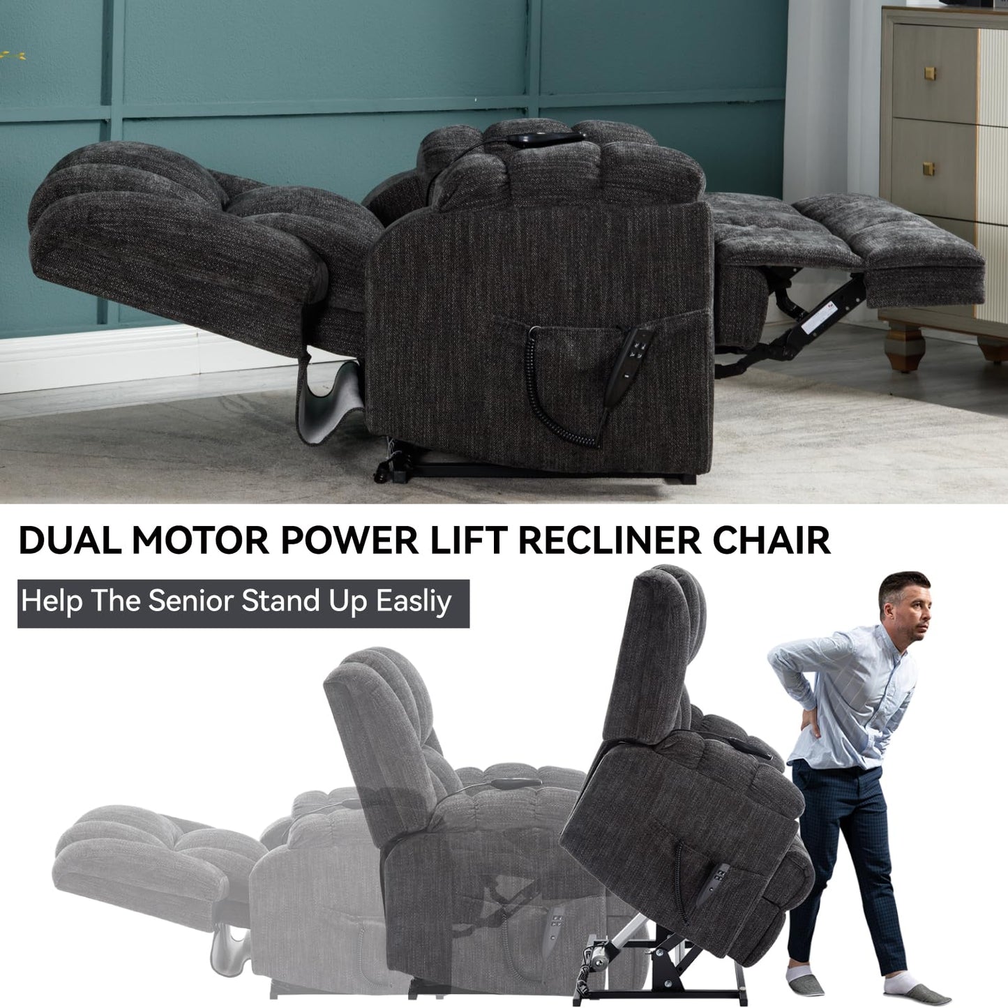 GDFStudio Dual Motor Power Lift Recliner Chair with Massage and Lumbar Heat, Heavy Duty Electric Reclining Chair with Remote Control, Supports Up to 350 LBS, Grey