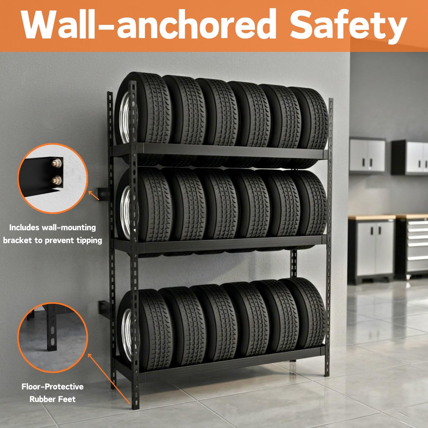 ZUIWAN Wall Mounted 3-Tier Tire Rack, 78" L x 59" H x 18" D Heavy Duty Adjustable Steel Storage Shelf, 2200LBS Capacity with Anti-Tip Kit