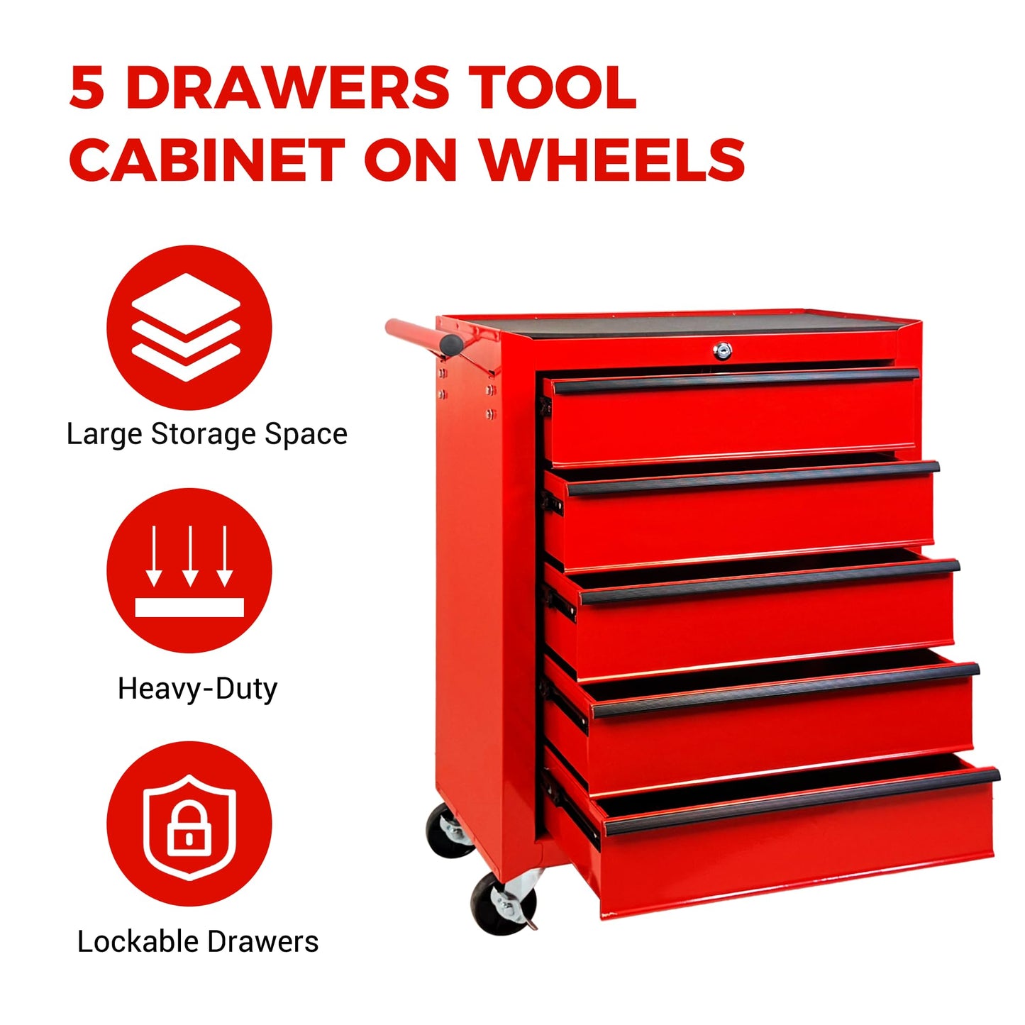 KEIKI 20 Inch Rolling Metal Tool Chest with 5 Drawers, Heavy Duty Steel Tool Cabinet on Wheels, Ball Bearing Slides Lockable Storage Cart Organizer for Garage Workshop Mechanic Repair, Red