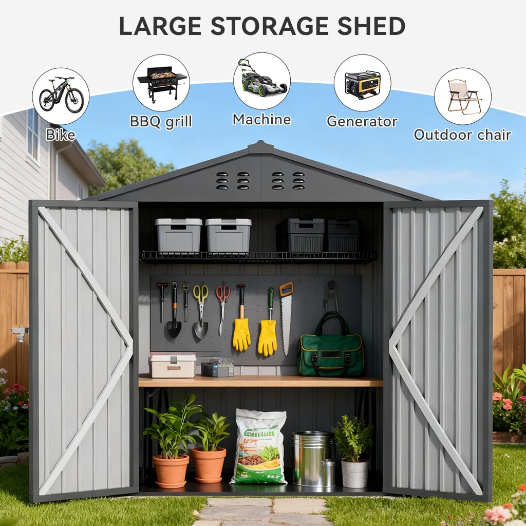 COMHOMA 6'x4' Shed Outdoor Storage Metal, Weatherproof Garden Utility Tool House with Lockable Doors & Adjustable Shelving, Ventilated Backyard Workshop,Grey