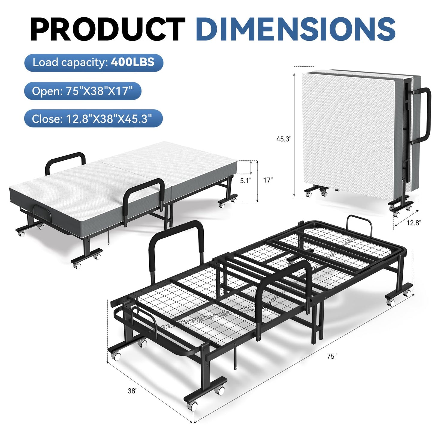 OSTYRA Folding Guest Bed with Mattress and 6 Position Adjustable Backrest for Adults, Metal Folding Trundle Bed, Office Nap, Lunch Break, Comes with Folding Bed for Convenient Storage