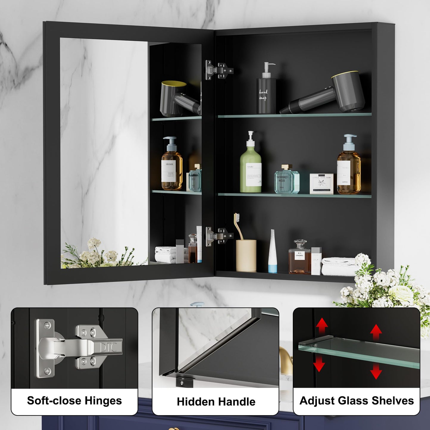 Keazile 28 x 30 Inch Large Medicine Cabinet with Mirror, Black Aluminum Bathroom Cabinet with Storage, Oversized Single Door Tempered Beveled Glass, Recessed or Surface Mount, Adjustable Shelves