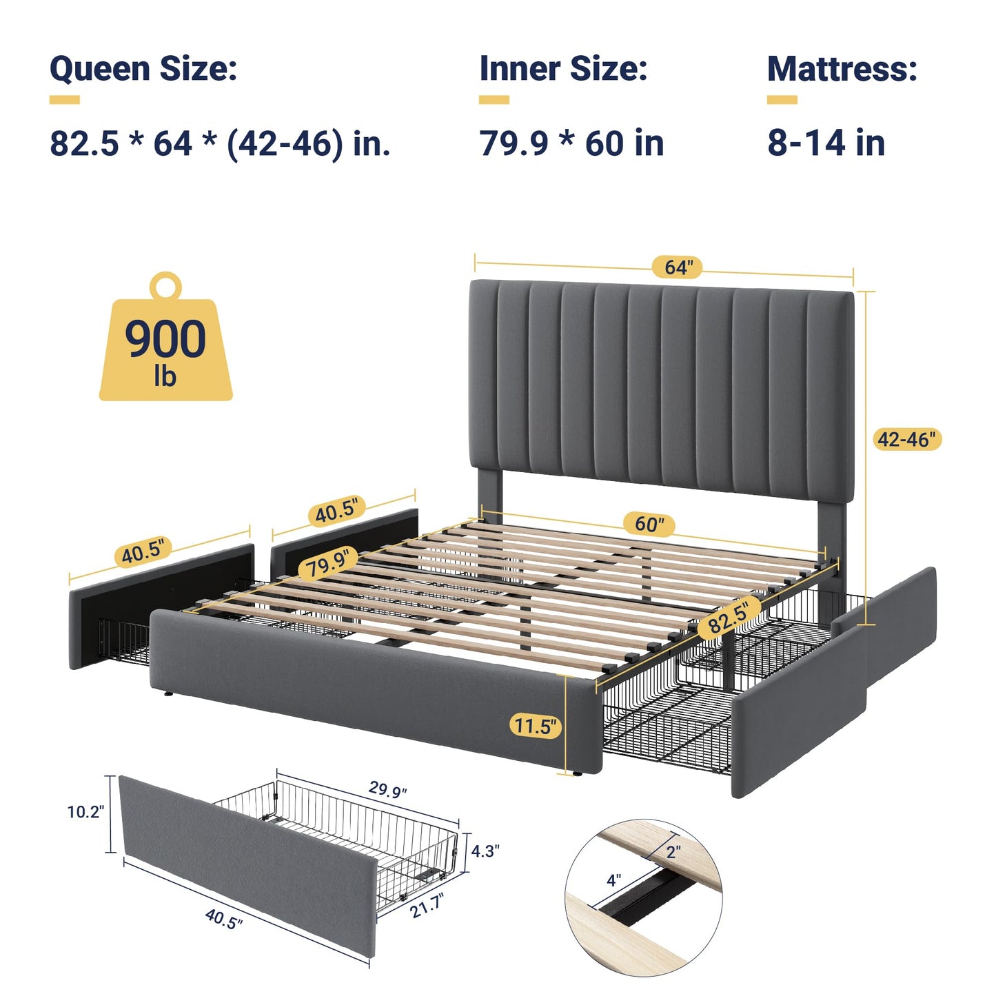 Allewie Queen Size Storage Bed Frame, Vertical Channel Tufted Adjustable Headboard, Velvet Upholstered Platform Bed with 4 Oversized Underbed Drawers, Wooden Slats Support, No Box Spring Needed, Grey