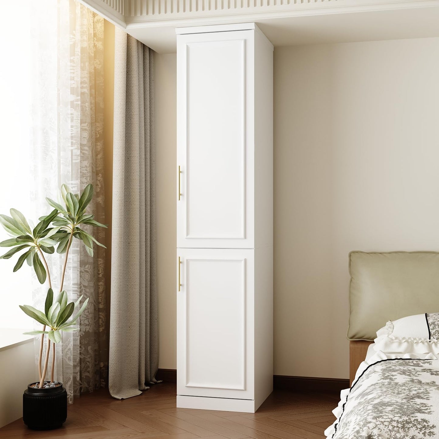 FUFU&GAGA Narrow Wardrobe Closet with 2 Doors, Modern White Bedroom Armoire with Gold Handles, Modern Clothes Storage Cabinet with Shelves, Hanging Rod, 15.7”W x 19.3”D x 74.8”H