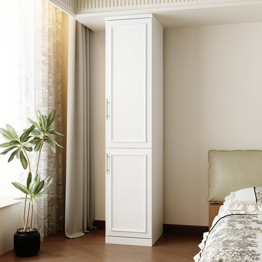 FUFU&GAGA Narrow Wardrobe Closet with 2 Doors, Modern White Bedroom Armoire with Gold Handles, Modern Clothes Storage Cabinet with Shelves, Hanging Rod, 15.7”W x 19.3”D x 74.8”H