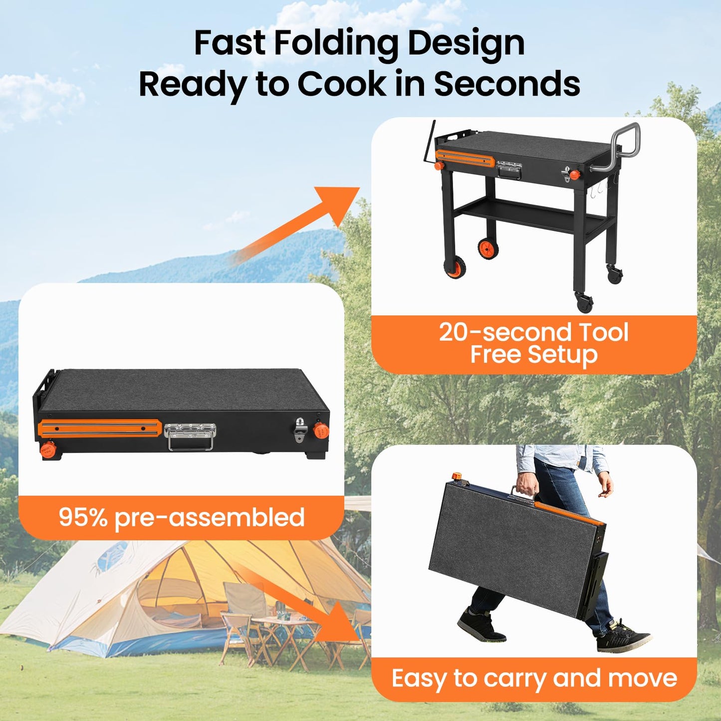 Folding Grill Table for Blackstone 17" & 22" Griddle, Portable Grill Cart with Wheels, 20-Second Tool-Free Setup, 450 lb Heavy Duty Outdoor Cooking Prep Station for Ninja Woodfire Grill & Pizza Oven