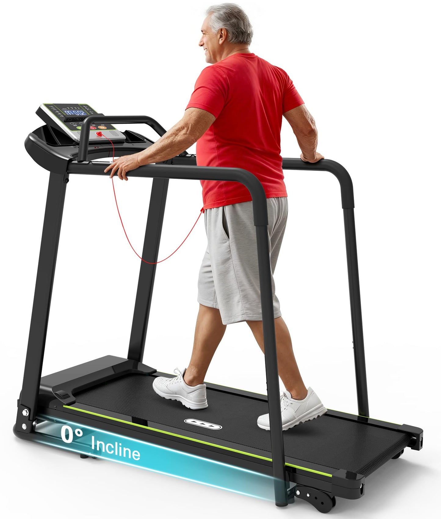 Redliro Walking Treadmill for Seniors with Long Handrails - 0.3 MPH Slow Start, 300 lb Capacity Recovery Foldable Treadmill for Home, 0–2% Incline Fully Flat, Auto Lubrication