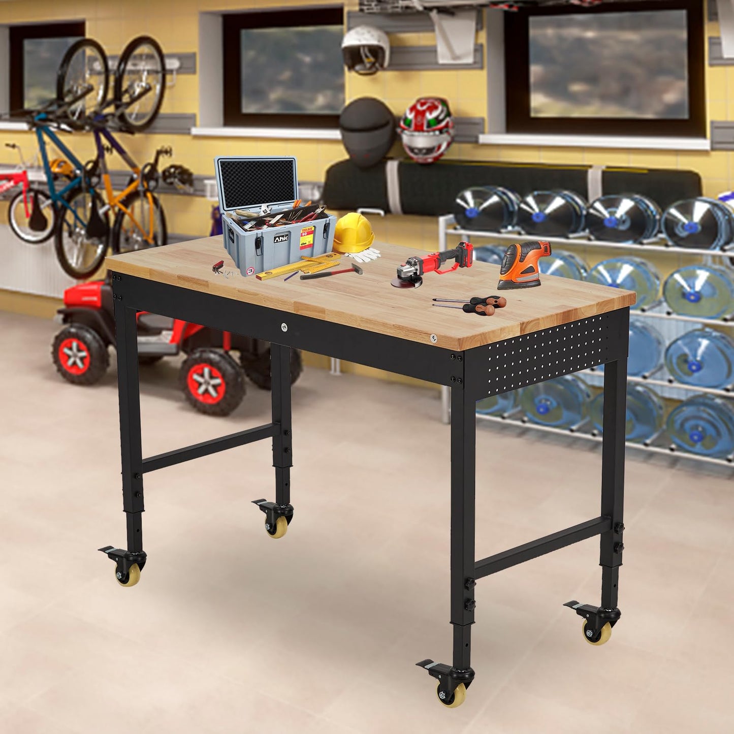 ACONEE 48" Adjustable Workbench for Garage, Heavy Duty Worktable with Drawer, 2000 LBs Load Capacity, Rubber Wood Workshop Bench with Power Outlet & 4 Lockable Wheels, 48x24x1.5 in Thick Rubber Top