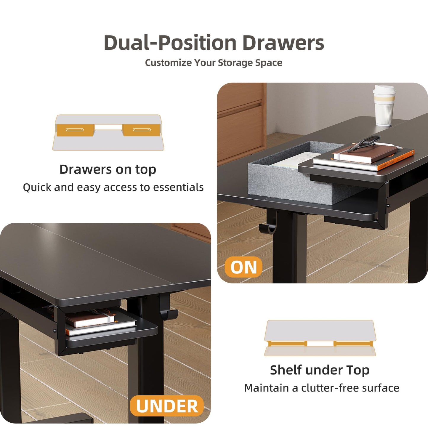 Seang Electric Standing Desk with 2 Drawers, Adjustable Standing Desk with Storage Shelf, Height Adjustable Stand up Desk for Home Office with 3 Presets & 2 Hooks,55 Inch, Black