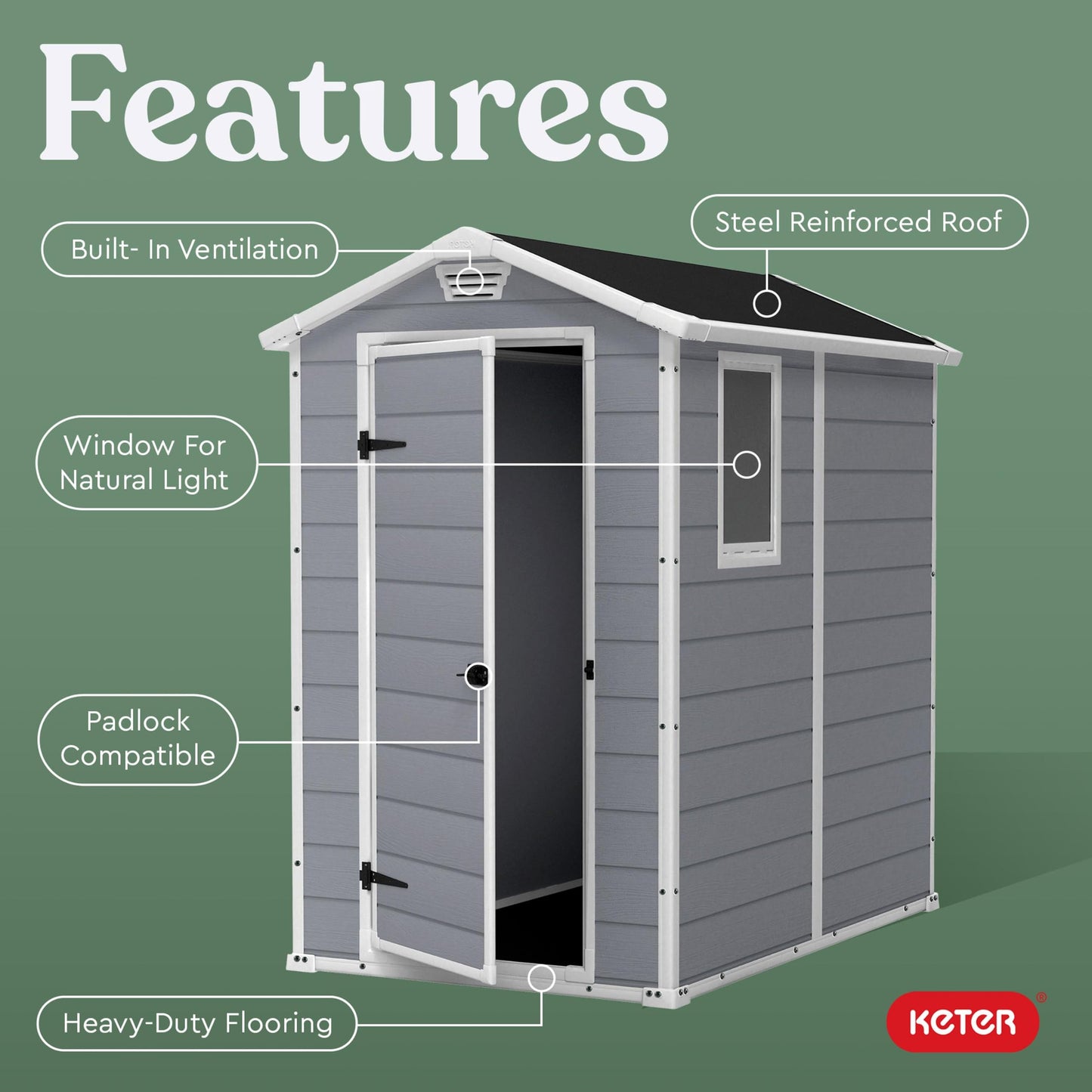 Keter Manor 4x6 Resin Outdoor Storage Shed Kit-Perfect to Store Patio Furniture, Garden Tools Bike Accessories, Beach Chairs and Lawn Mower, Grey & White