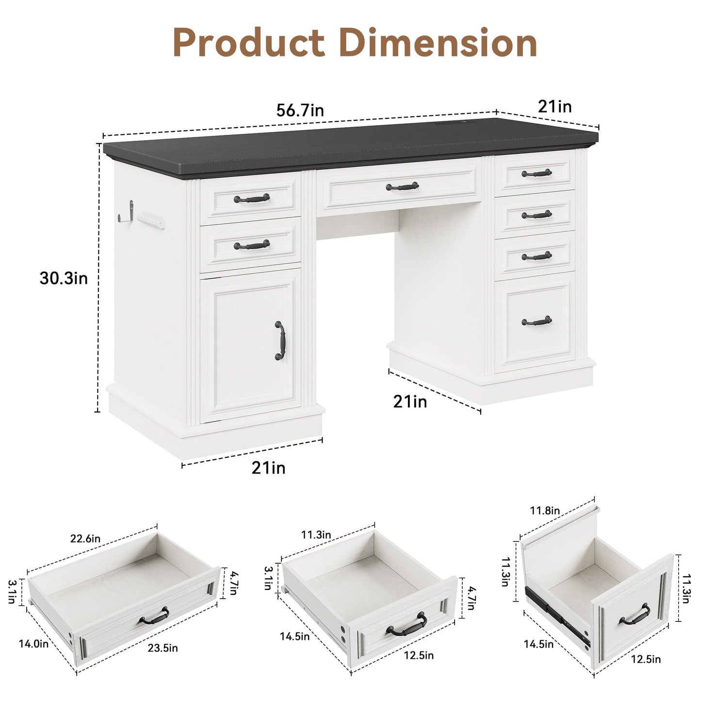 Jocoevol Farmhouse 57" Executive Desk with 7 Drawers, Home Office Desk with File Cabinet Storage, Computer Desk with Charging Station and Headphone Hook for Work, Study, Writing, White
