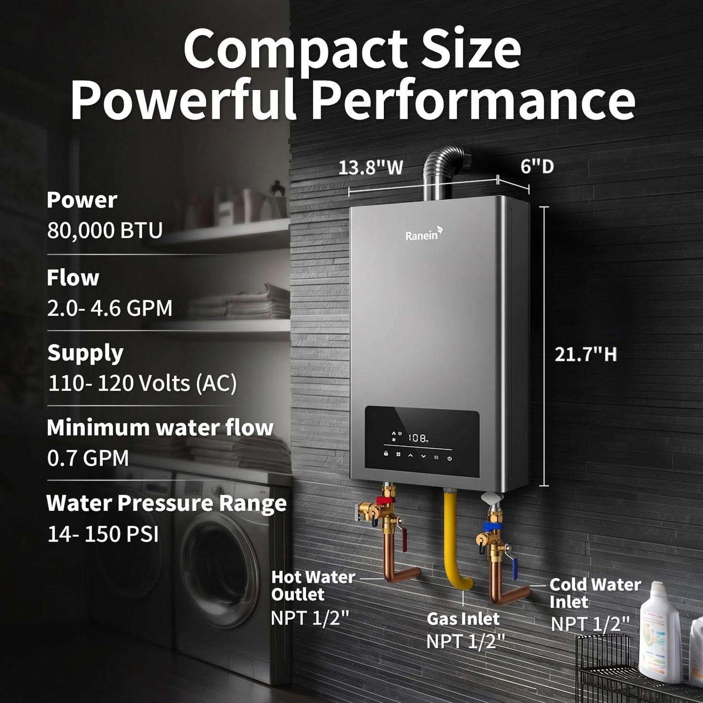GEN II Ranein Natural Gas Tankless Water Heater Max 3.6 GPM, 80,000 BTU Indoor On Demand Instant Hot Water Heater with LED Temperature Control Panel