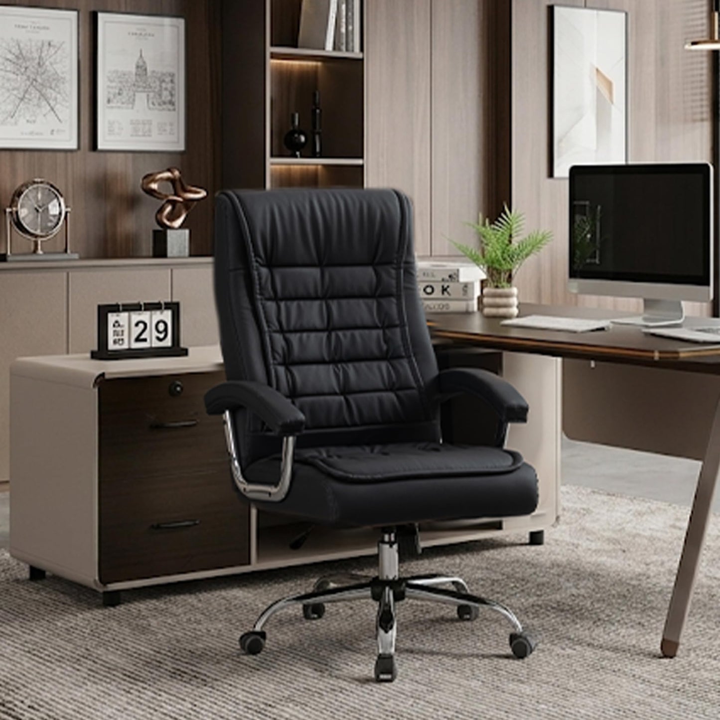 KEIKI Executive Office Chair High Back PU Leather Desk Chair with Spring Cushion, Ergonomic Swivel Computer Chair, Chrome Armrests, Adjustable Rolling Chair for Home Office, Black