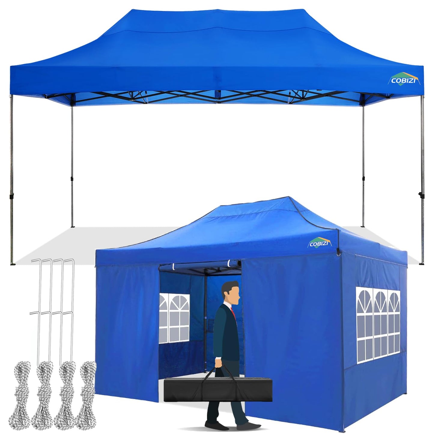 COBIZI 10x15 Pop up Canopy Tent 10x15 Canopy with 4 Sidewalls Waterproof Heavy Duty Commercial Canopy for Parties Outdoor Garden Gazebo Tent, Carry Bag(10x15ft, Blue)