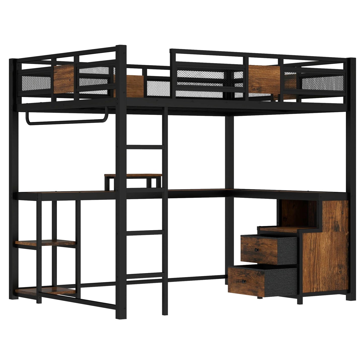 Bellemave Queen Size Loft Bed with Desk and Storage Drawers, Queen Loft Bed Frame with Computer Monitor Stand, Corner Shelf and Hanger Rod, Adults Loft Beds Frame, Black