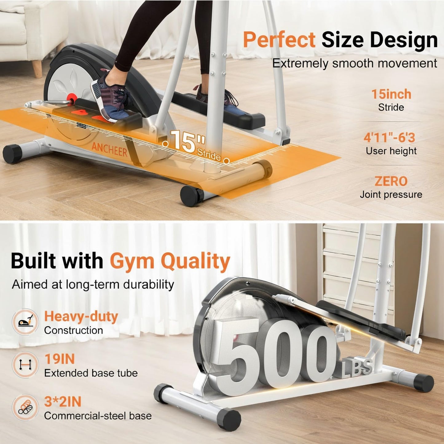 ANCHEER Elliptical Exercise Machine, Elliptical Trainer for Home Gym, Exercise Equipment 500Lbs Max Weight, Ultra-Silent Elliptical Machine, with Pulse Rate Grips & Smooth Resistance Levels