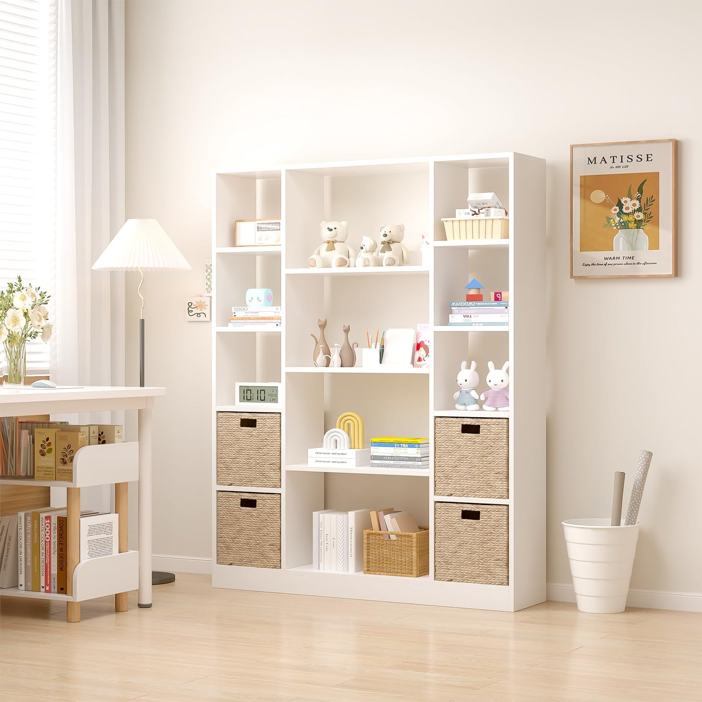 OSCHF Cube Storage Bookcase with Base - Large Wooden Bookshelf with 10 Open Cubes and 4 Shelves for Home and Office, Freestanding Organizer, White