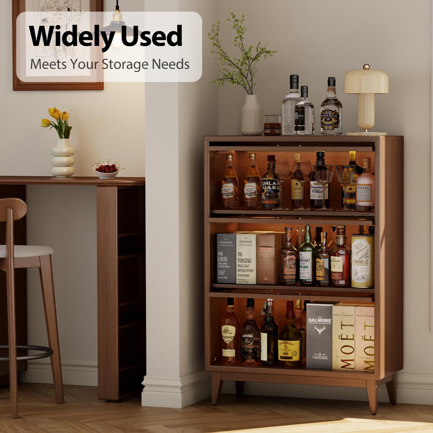 AQIMUELE Solid Wood Storage Cabinet with Glass Doors, 3 Shelf Small Storage Cabinet, Mid Century Modern Bookcase, Kitchen Pantry Cabinet (Walnut-Clear Glass, 31.5" W)