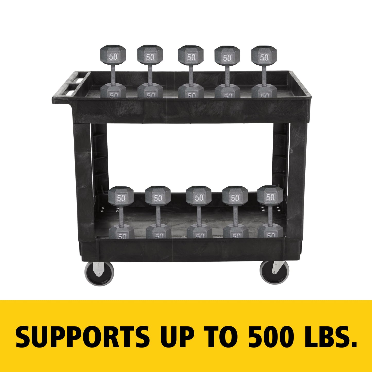Rubbermaid Commercial Products 2-Shelf Utility/Service Cart, Medium, Lipped Shelves, Standard Handle, 500 lbs. Capacity, for Warehouse/Garage/Cleaning/Manufacturing/Maintenance