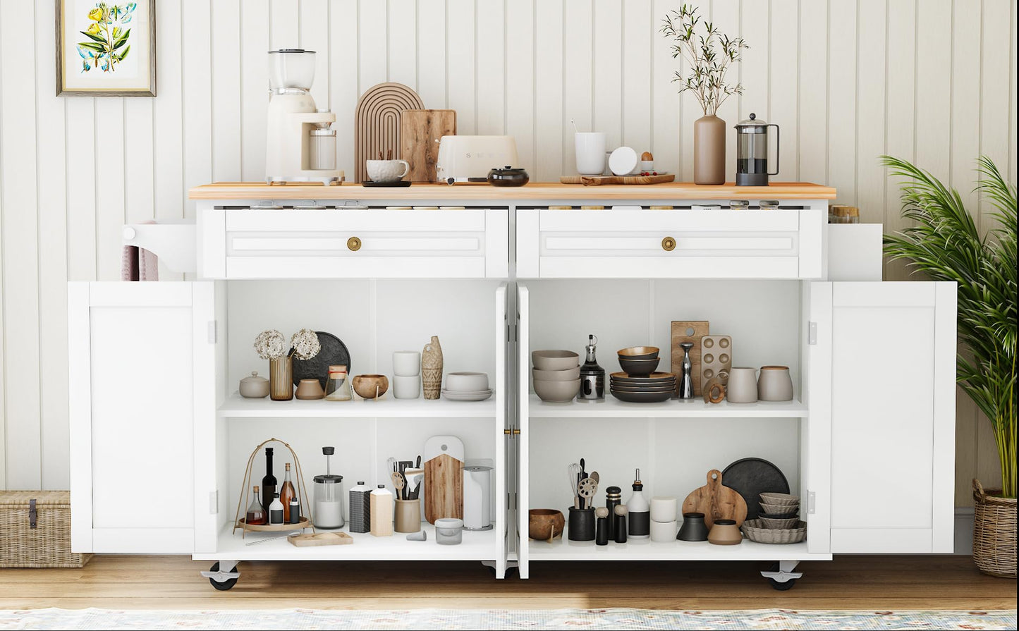 JassmiPkwy 67’’ Movable Kitchen Island with Drop Leaf and Power Outlet, Lockable Sliding Countertop Rolling Island Cart with 2 Large Drawers, Spice, Towel Rack,White