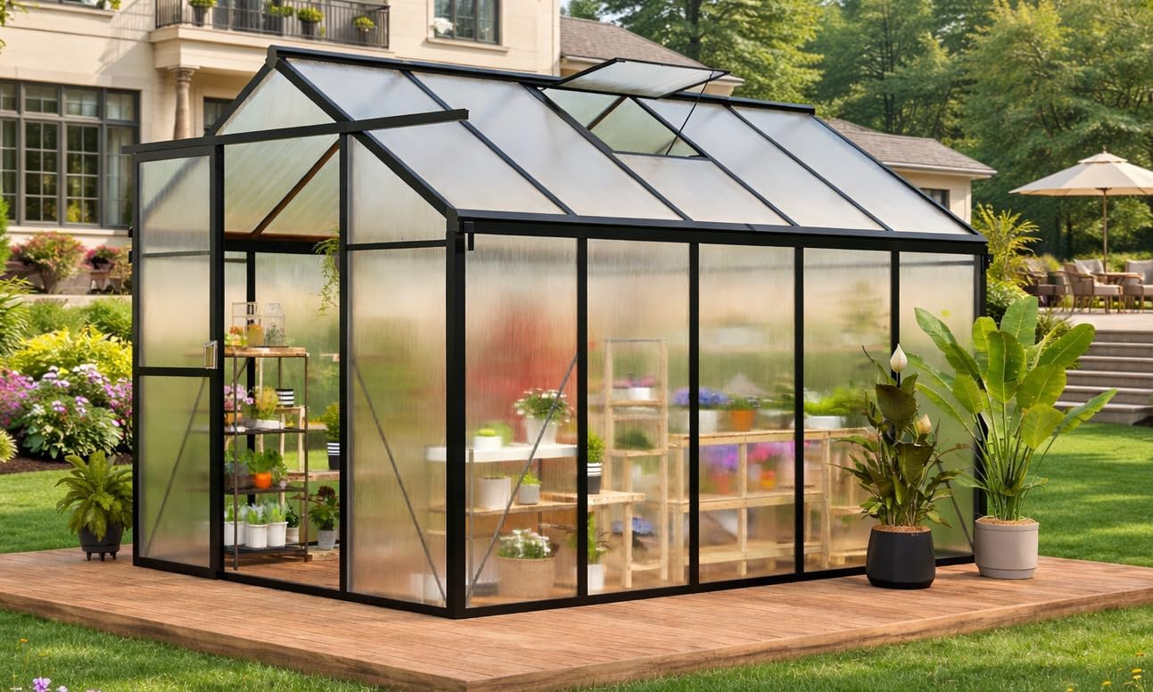 Greenhouse, 6x10 FT Greenhouse for Outdoors, Walk-in Green House with Ground Nails and Vent Windows, Sliding Lockable Door, Polycarbonate Greenhouses for Outside Garden Backyard, Quick Setup, Black